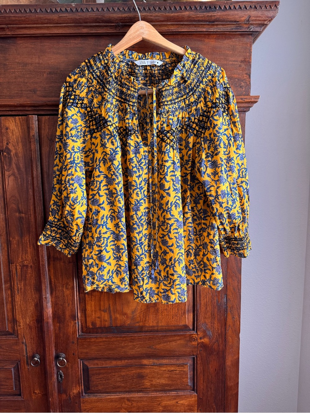 Zara Floral Embroidered Smocked Cotton Top